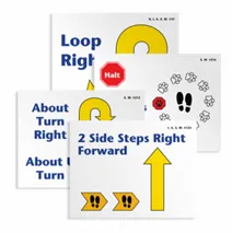 Three instructional cards with arrows and footprints