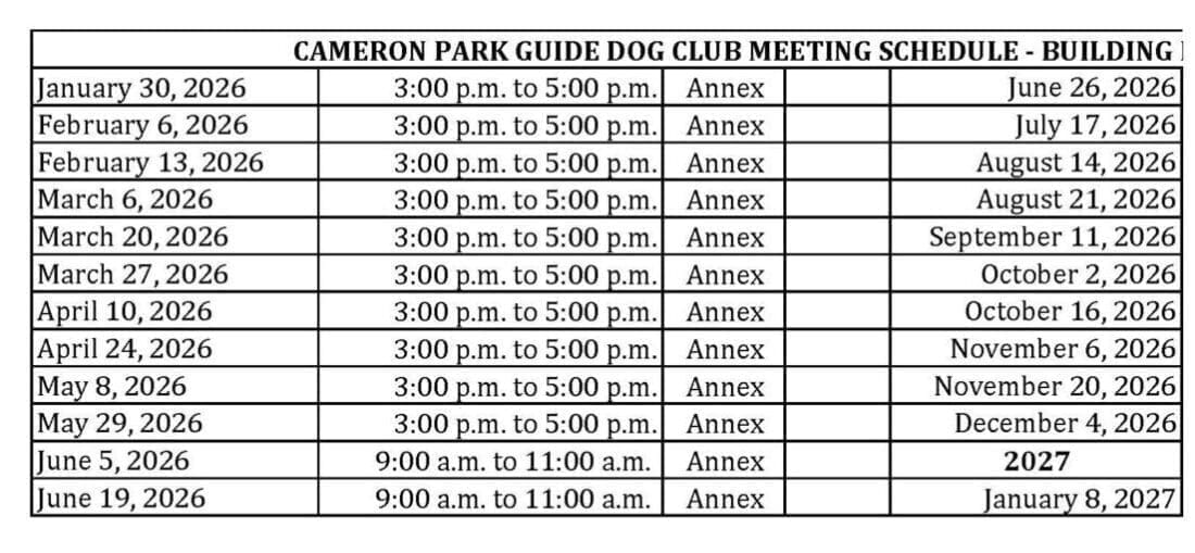 Cameron Park guide dog club meeting dates 2026