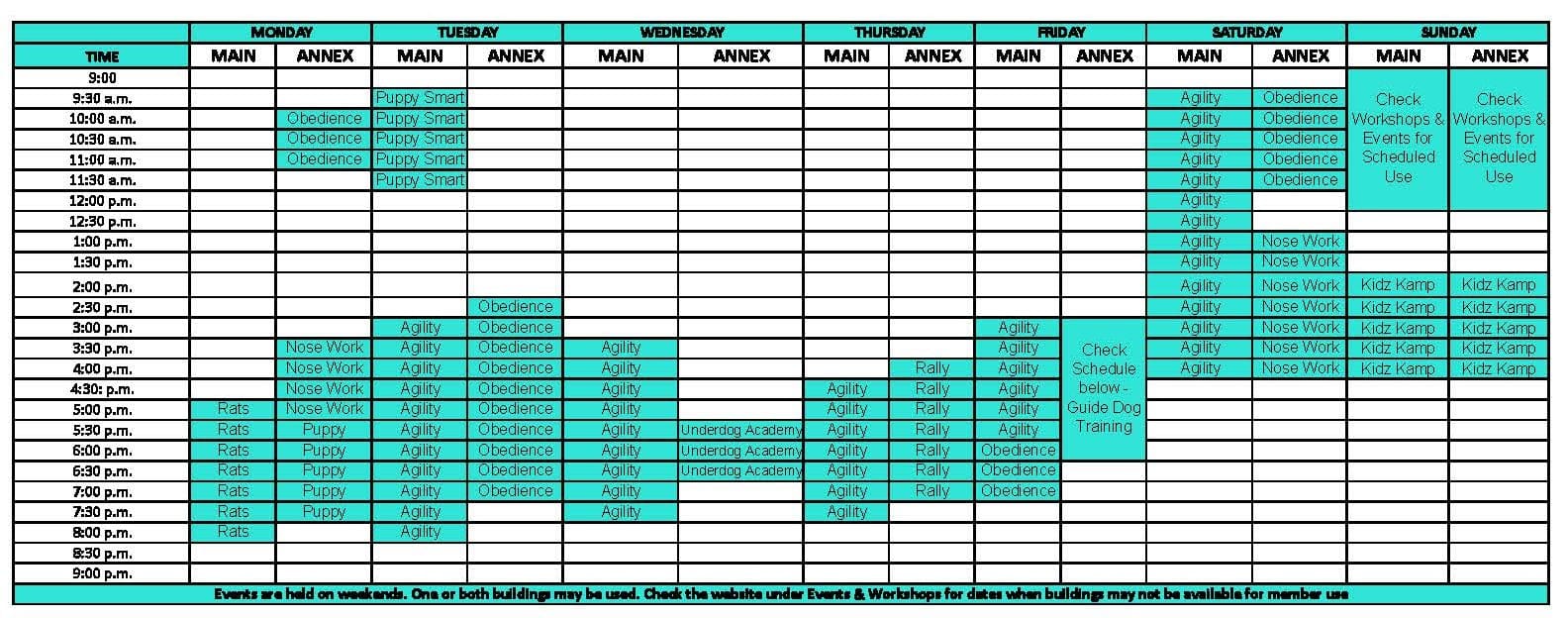 Weekly schedule of dog training classes
